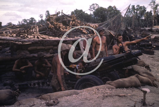 inconnu() Seconde guerre mondiale US Navy en couleurs - Srie 80-GK- : Des artilleurs et leur pice dans un abris camoufl.